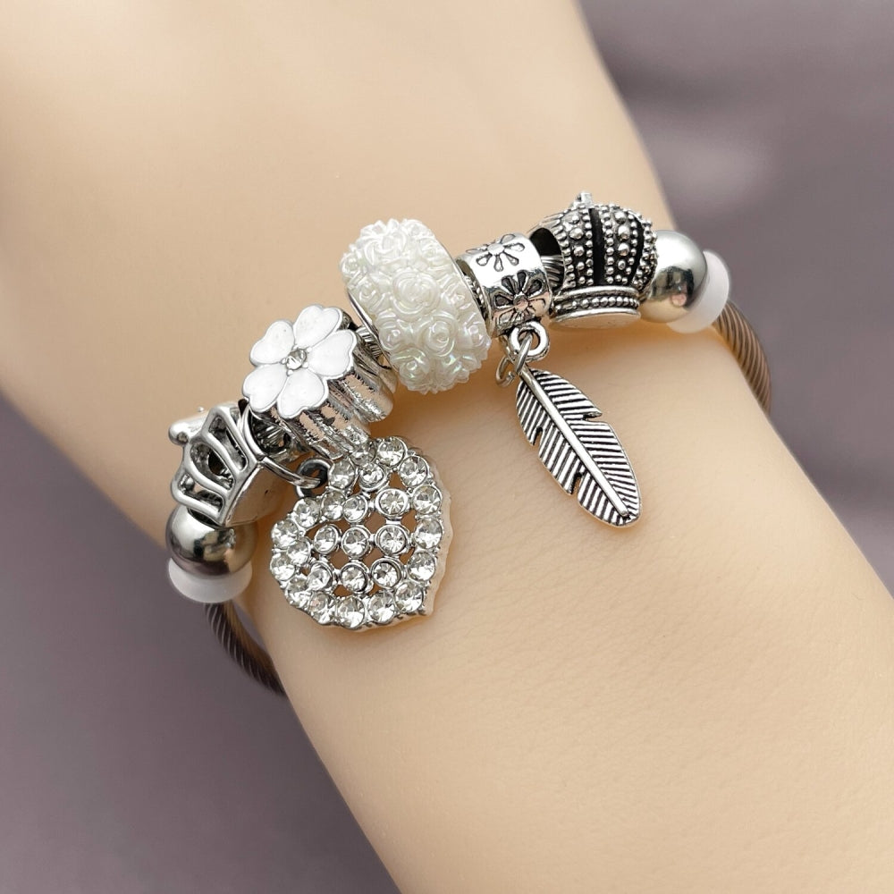 Stainless Steel Individual Bangle, Heart and Leaf Design, with Crystal Crystal, White Enamel Finish, Rhodium Finish