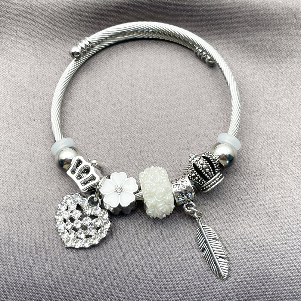 Stainless Steel Individual Bangle, Heart and Leaf Design, with Crystal Crystal, White Enamel Finish, Rhodium Finish