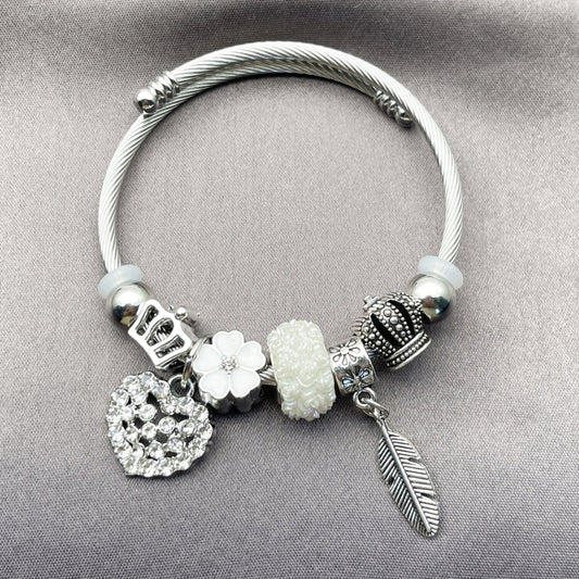 Stainless Steel Individual Bangle, Heart and Leaf Design, with Crystal Crystal, White Enamel Finish, Rhodium Finish