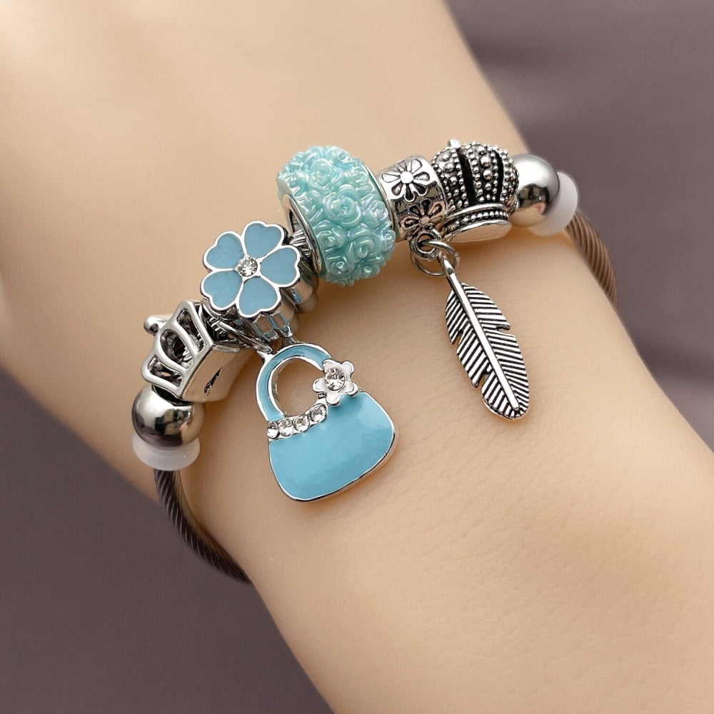 Stainless Steel Individual Bangle, Suitecase and Leaf Design, with Crystal and Turquoise Crystal, Turquoise Enamel Finish, Rhodium Finish