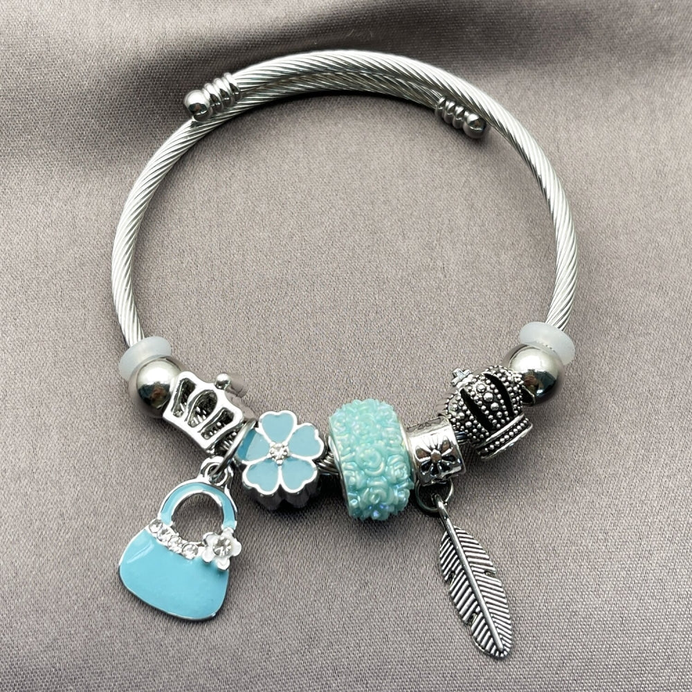 Stainless Steel Individual Bangle, Suitecase and Leaf Design, with Crystal and Turquoise Crystal, Turquoise Enamel Finish, Rhodium Finish