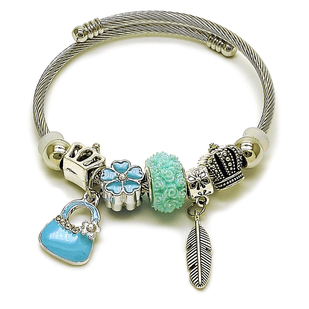 Stainless Steel Individual Bangle, Suitecase and Leaf Design, with Crystal and Turquoise Crystal, Turquoise Enamel Finish, Rhodium Finish