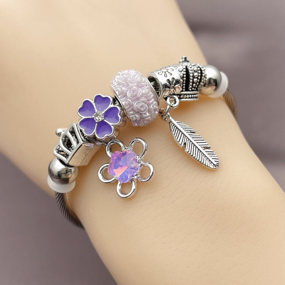 Stainless Steel Individual Bangle, Flower and Leaf Design, with Violet Crystal, Purple Enamel Finish, Rhodium Finish