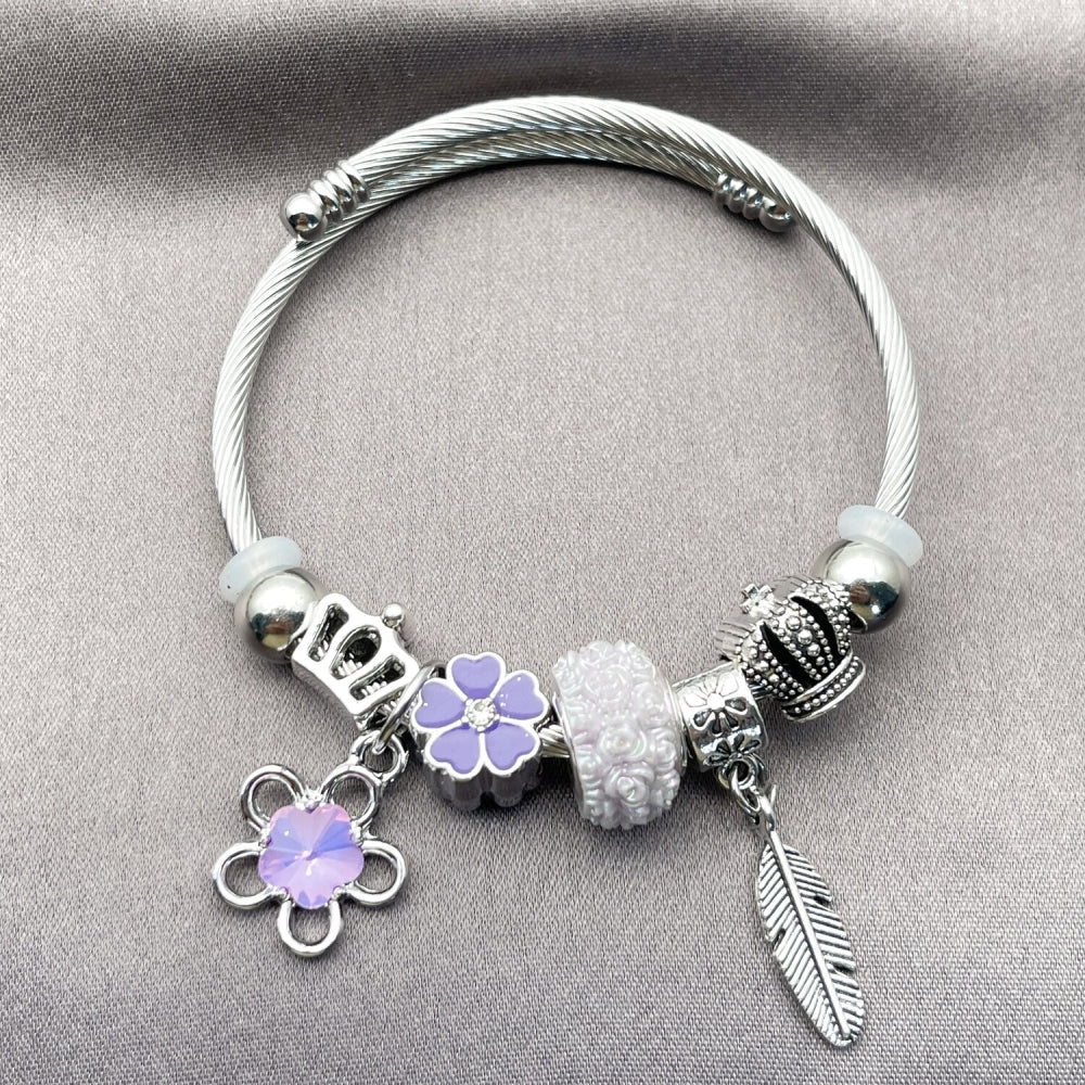 Stainless Steel Individual Bangle, Flower and Leaf Design, with Violet Crystal, Purple Enamel Finish, Rhodium Finish