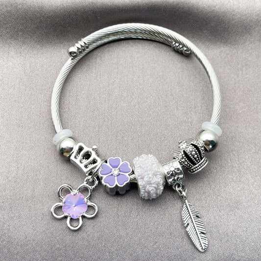 Stainless Steel Individual Bangle, Flower and Leaf Design, with Violet Crystal, Purple Enamel Finish, Rhodium Finish