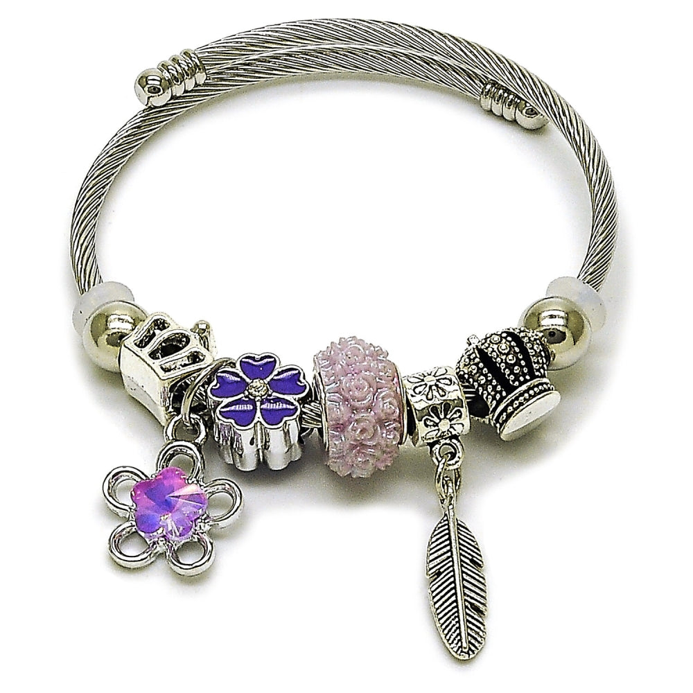 Stainless Steel Individual Bangle, Flower and Leaf Design, with Violet Crystal, Purple Enamel Finish, Rhodium Finish
