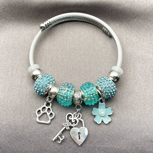 Stainless Steel Individual Bangle, Heart and Lock Design, with Light Turquoise Crystal and Ivory Pearl, Turquoise Enamel Finish, Rhodium Finish