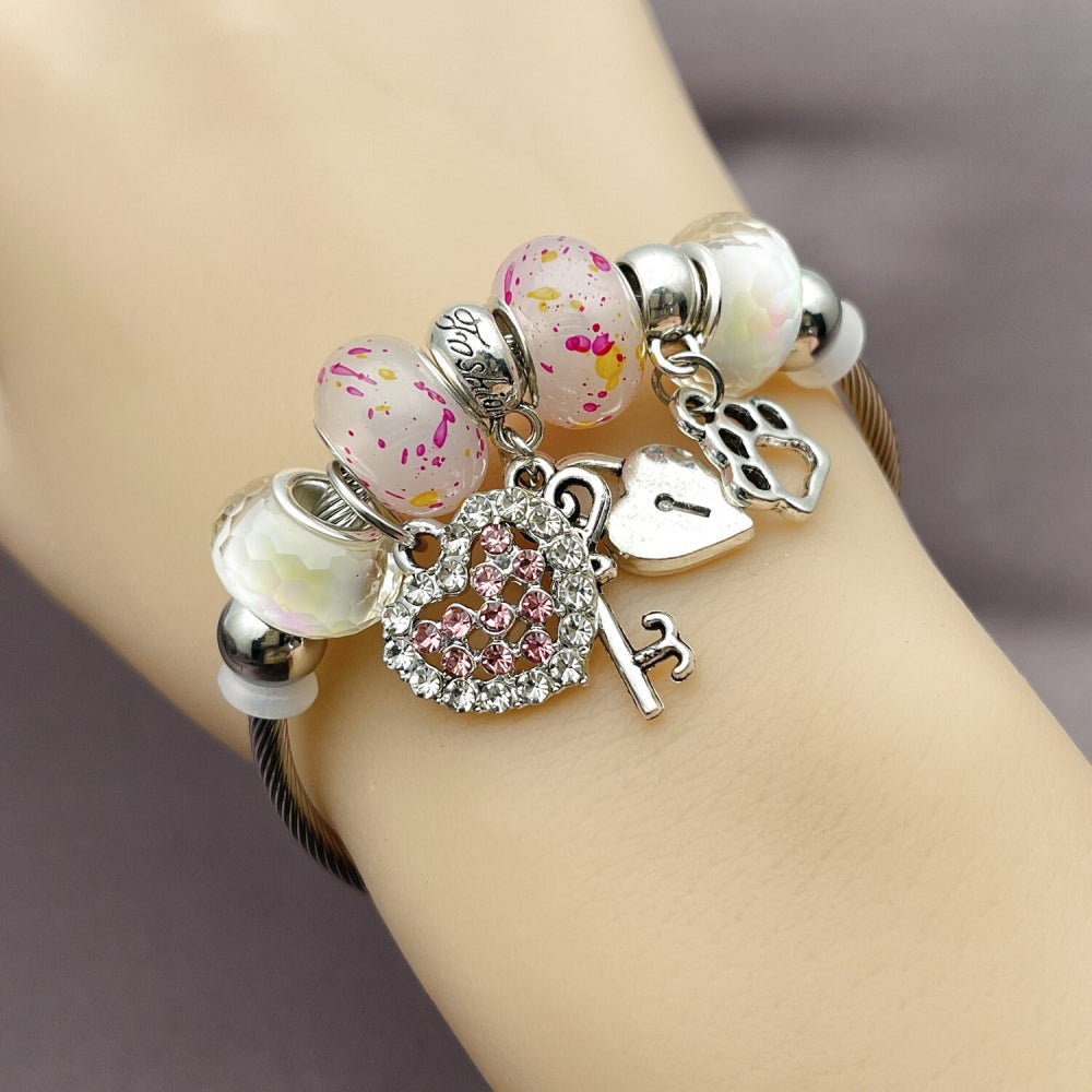 Stainless Steel Individual Bangle, Heart and Lock Design, with Light Rose and Crystal Crystal, Polished, Rhodium Finish