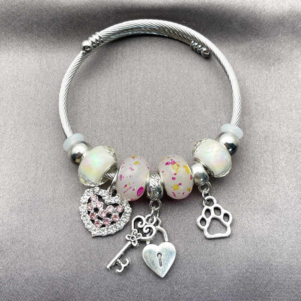 Stainless Steel Individual Bangle, Heart and Lock Design, with Light Rose and Crystal Crystal, Polished, Rhodium Finish