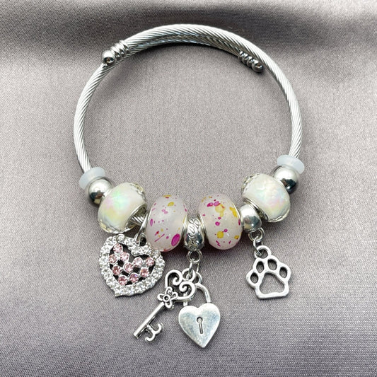 Stainless Steel Individual Bangle, Heart and Lock Design, with Light Rose and Crystal Crystal, Polished, Rhodium Finish