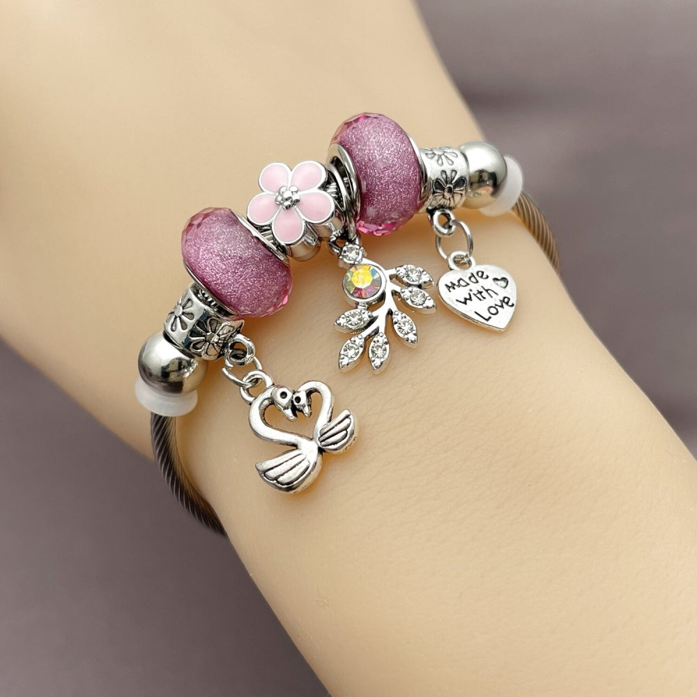 Stainless Steel Individual Bangle, Swan and Heart Design, with Violet and Crystal Crystal, Pink Enamel Finish, Rhodium Finish