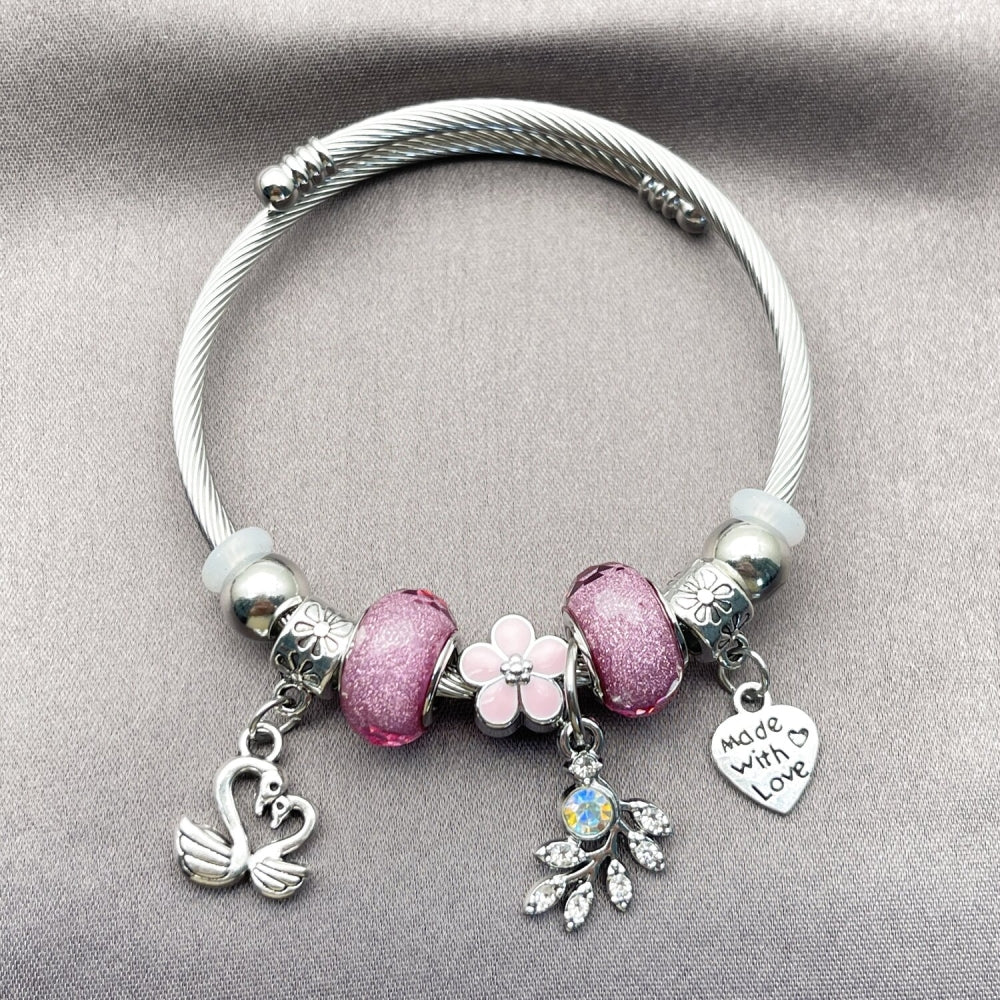 Stainless Steel Individual Bangle, Swan and Heart Design, with Violet and Crystal Crystal, Pink Enamel Finish, Rhodium Finish