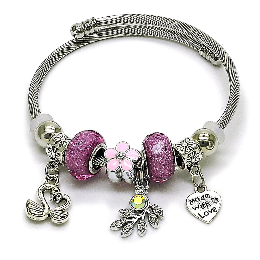 Stainless Steel Individual Bangle, Swan and Heart Design, with Violet and Crystal Crystal, Pink Enamel Finish, Rhodium Finish