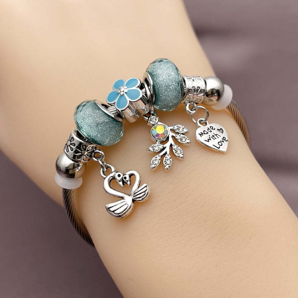 Stainless Steel Individual Bangle, Swan and Heart Design, with Light Turquoise and Aurore Boreale Crystal, Turquoise Enamel Finish, Rhodium Finish