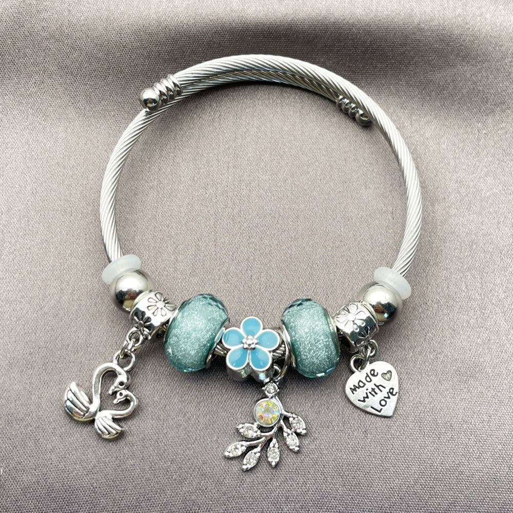 Stainless Steel Individual Bangle, Swan and Heart Design, with Light Turquoise and Aurore Boreale Crystal, Turquoise Enamel Finish, Rhodium Finish
