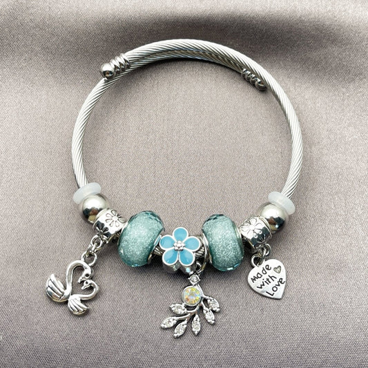 Stainless Steel Individual Bangle, Swan and Heart Design, with Light Turquoise and Aurore Boreale Crystal, Turquoise Enamel Finish, Rhodium Finish