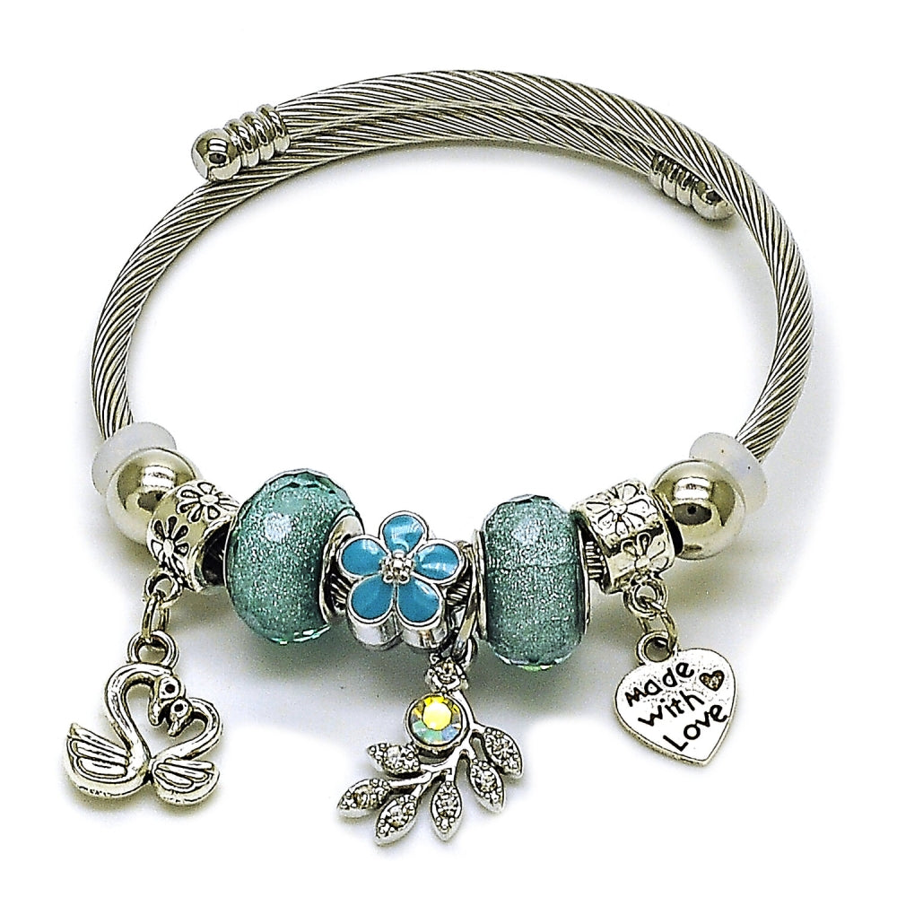 Stainless Steel Individual Bangle, Swan and Heart Design, with Light Turquoise and Aurore Boreale Crystal, Turquoise Enamel Finish, Rhodium Finish