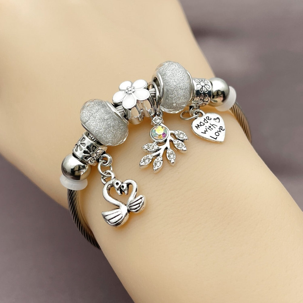 Stainless Steel Individual Bangle, Swan and Heart Design, with Crystal and Aurore Boreale Crystal, White Enamel Finish, Rhodium Finish