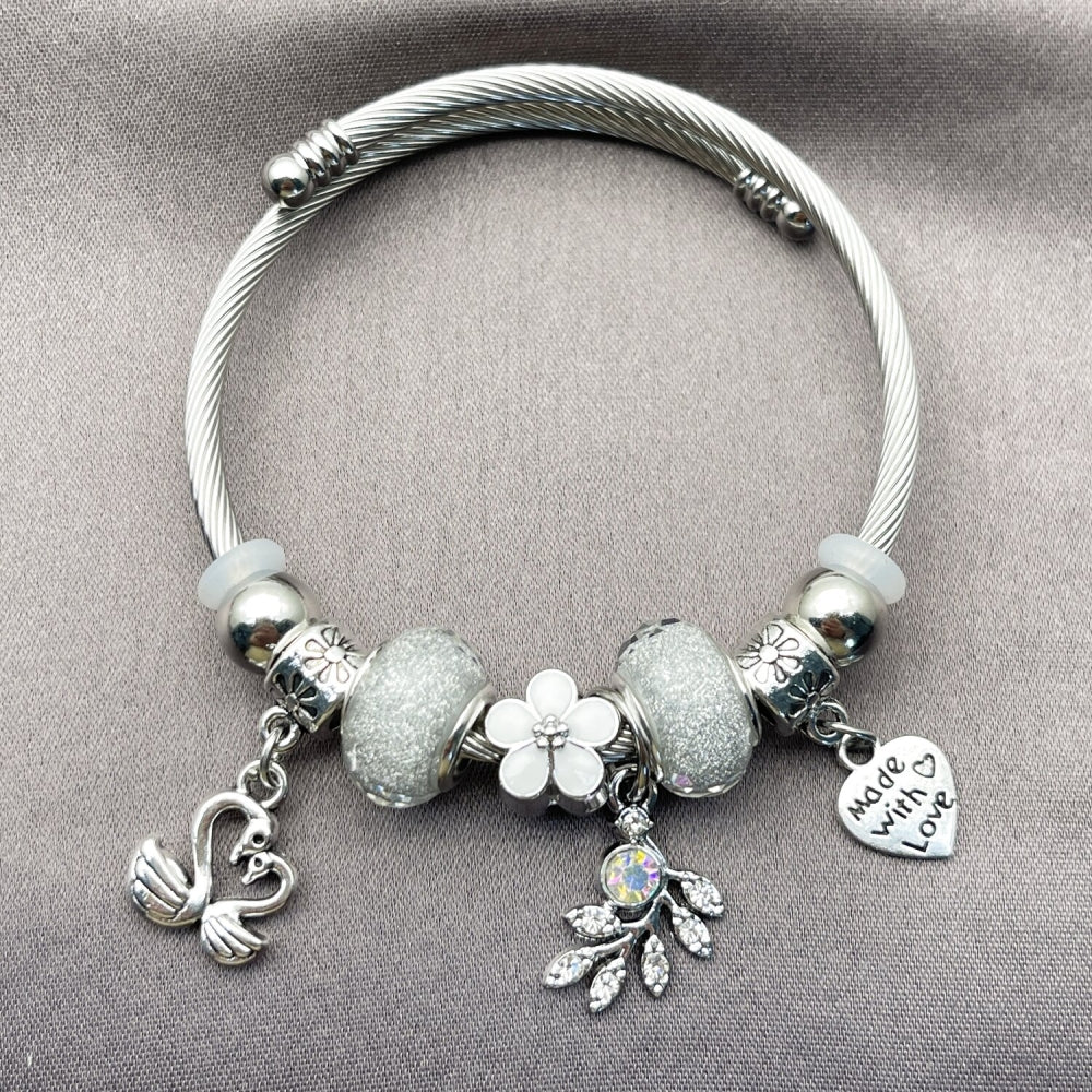 Stainless Steel Individual Bangle, Swan and Heart Design, with Crystal and Aurore Boreale Crystal, White Enamel Finish, Rhodium Finish