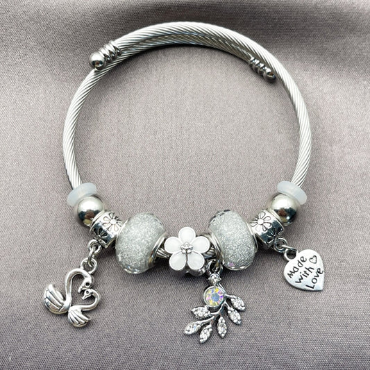 Stainless Steel Individual Bangle, Swan and Heart Design, with Crystal and Aurore Boreale Crystal, White Enamel Finish, Rhodium Finish