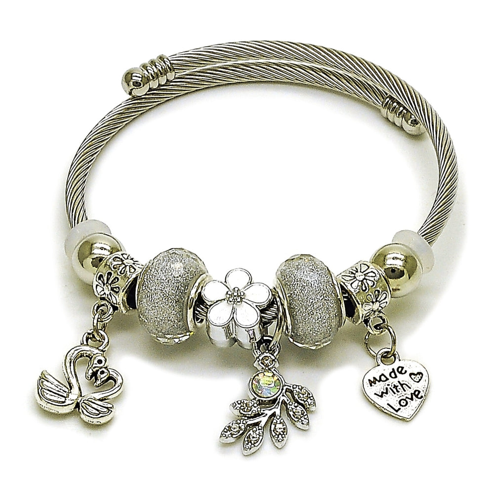Stainless Steel Individual Bangle, Swan and Heart Design, with Crystal and Aurore Boreale Crystal, White Enamel Finish, Rhodium Finish