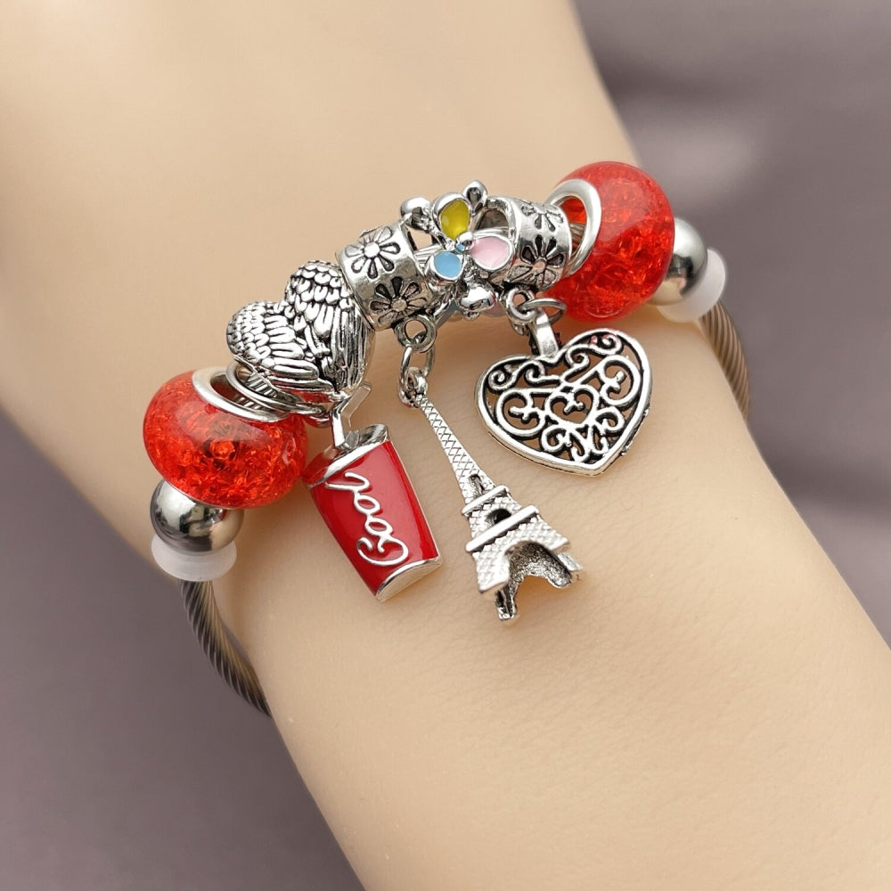 Stainless Steel Individual Bangle, Heart and Eiffel Tower Design, with Light Siam Crystal, Multicolor Enamel Finish, Rhodium Finish