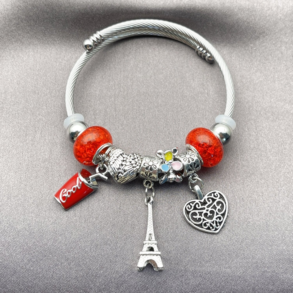 Stainless Steel Individual Bangle, Heart and Eiffel Tower Design, with Light Siam Crystal, Multicolor Enamel Finish, Rhodium Finish