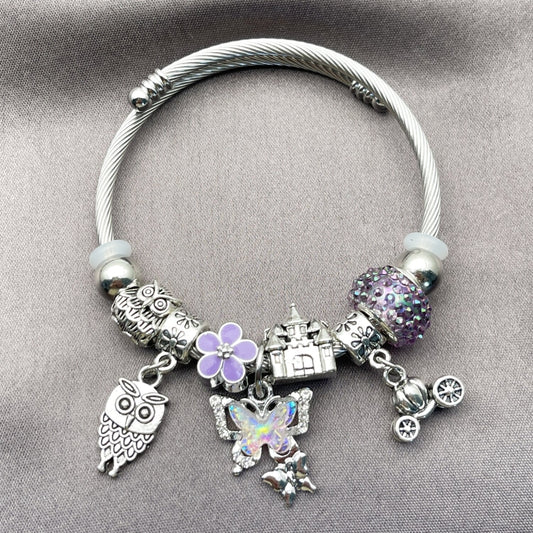 Stainless Steel Individual Bangle, Butterfly and Owl Design, with Crystal and Violet Crystal, Purple Enamel Finish, Rhodium Finish