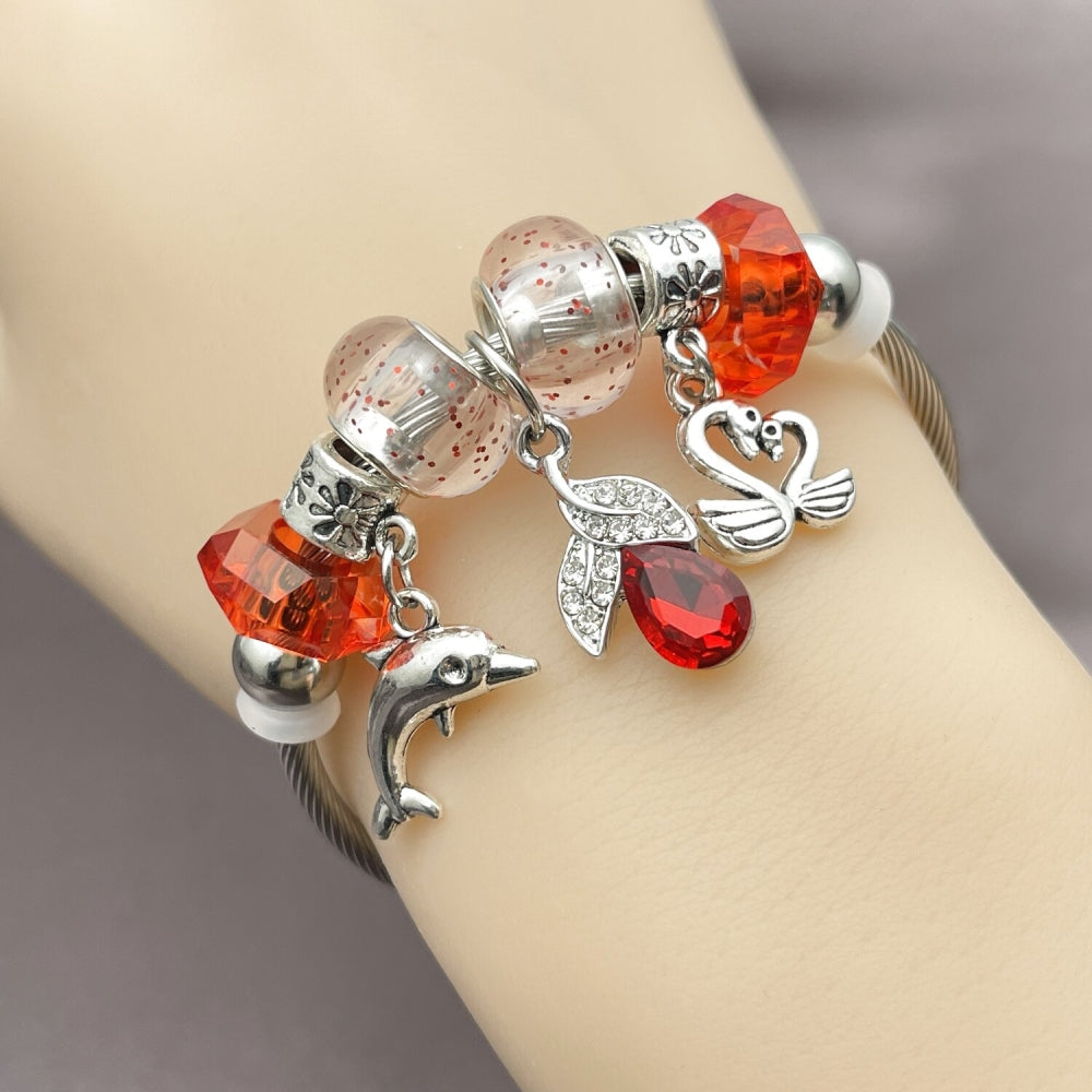 Stainless Steel Individual Bangle, Dolphin and Swan Design, with Light Siam and Crystal Crystal, Polished, Rhodium Finish