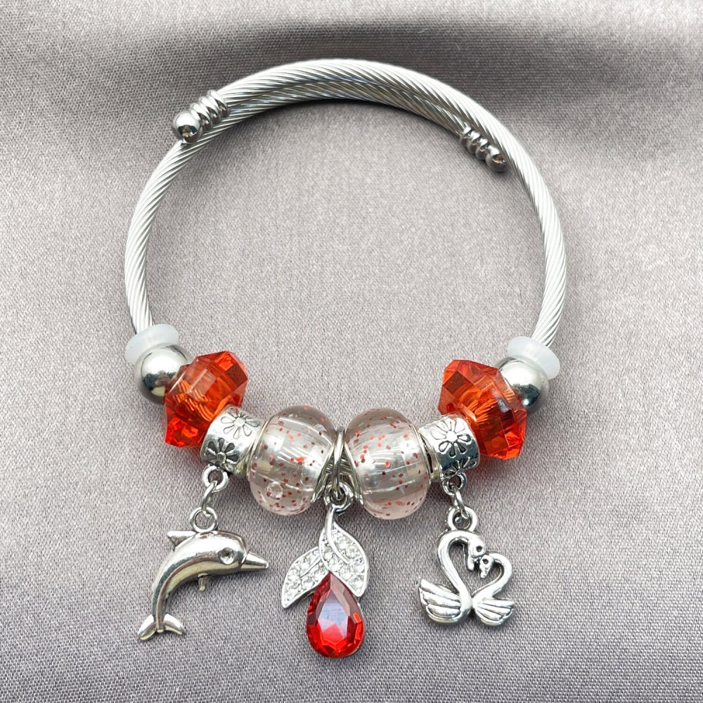 Stainless Steel Individual Bangle, Dolphin and Swan Design, with Light Siam and Crystal Crystal, Polished, Rhodium Finish