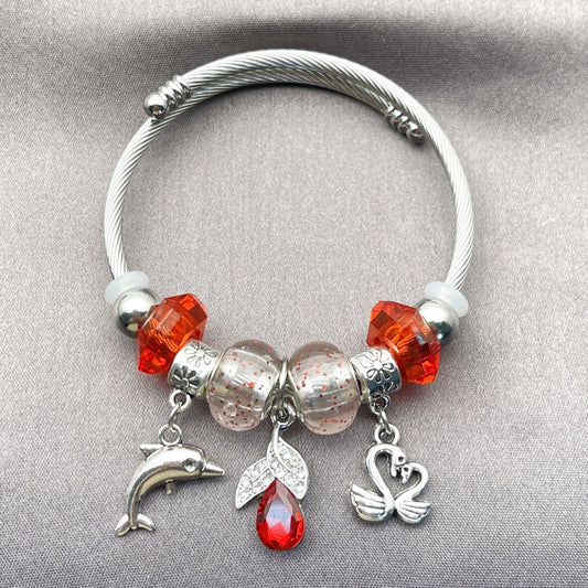 Stainless Steel Individual Bangle, Dolphin and Swan Design, with Light Siam and Crystal Crystal, Polished, Rhodium Finish