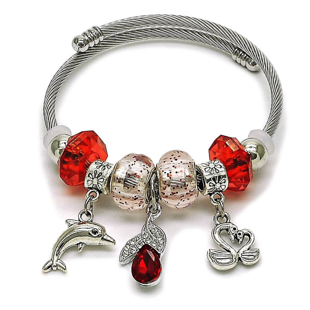Stainless Steel Individual Bangle, Dolphin and Swan Design, with Light Siam and Crystal Crystal, Polished, Rhodium Finish