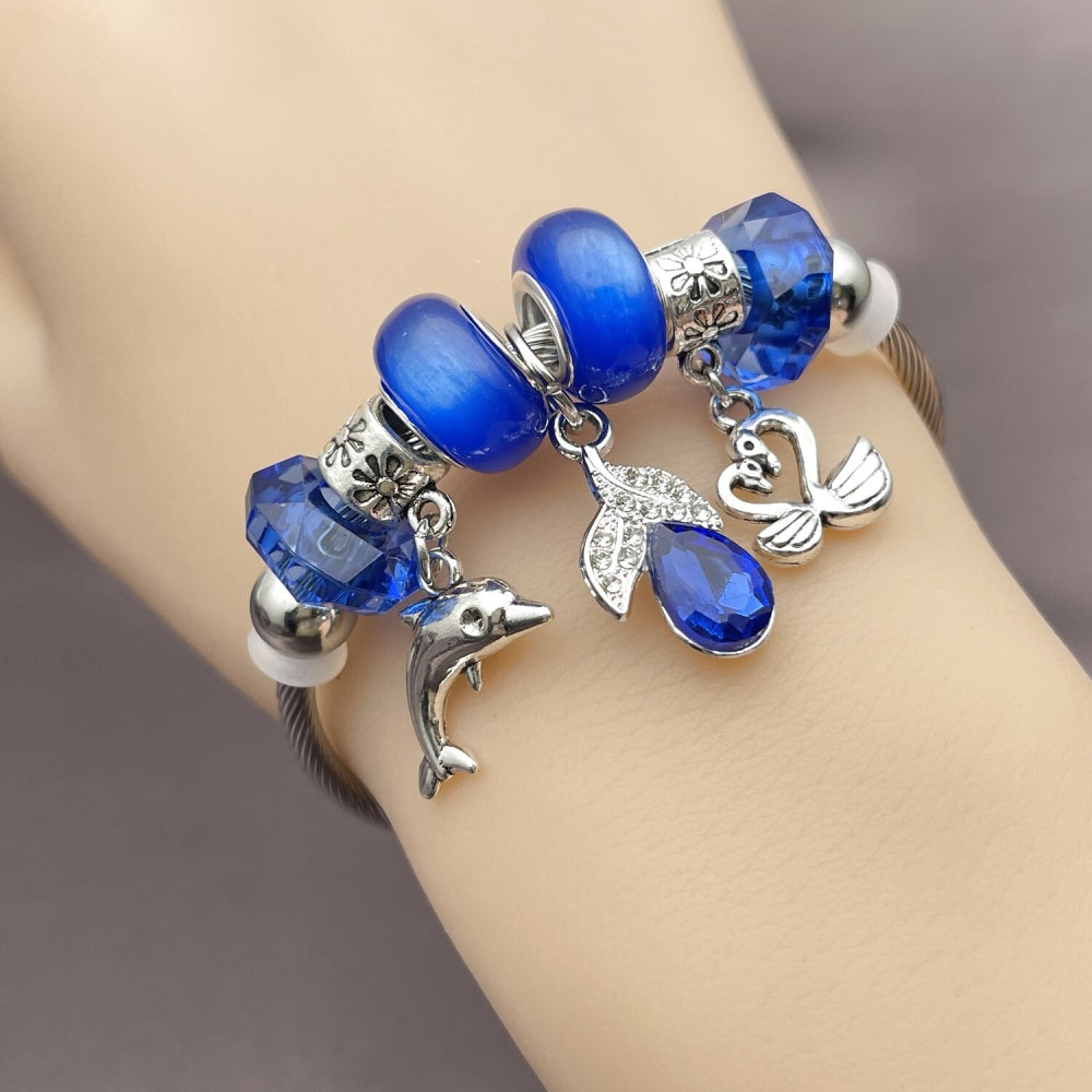 Stainless Steel Individual Bangle, Dolphin and Swan Design, with Capri Blue and Crystal Crystal, Polished, Rhodium Finish