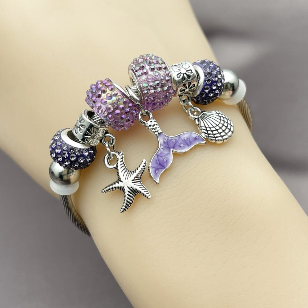 Stainless Steel Individual Bangle, Shell and Fish Design, with Tanzanite Crystal, Purple Enamel Finish, Steel Finish