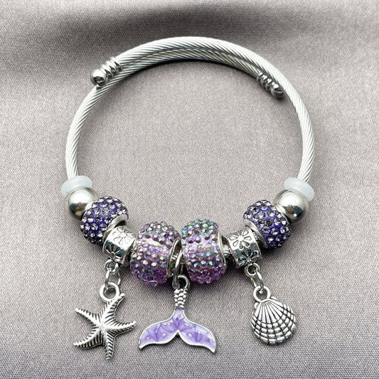 Stainless Steel Individual Bangle, Shell and Fish Design, with Tanzanite Crystal, Purple Enamel Finish, Steel Finish
