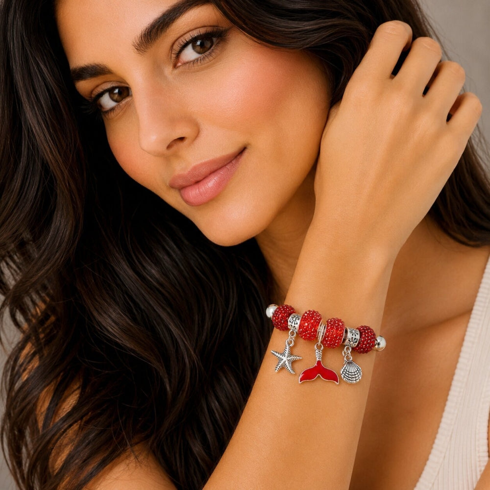 Stainless Steel Individual Bangle, Star and Shell Design, with Light Siam Crystal, Red Enamel Finish, Steel Finish