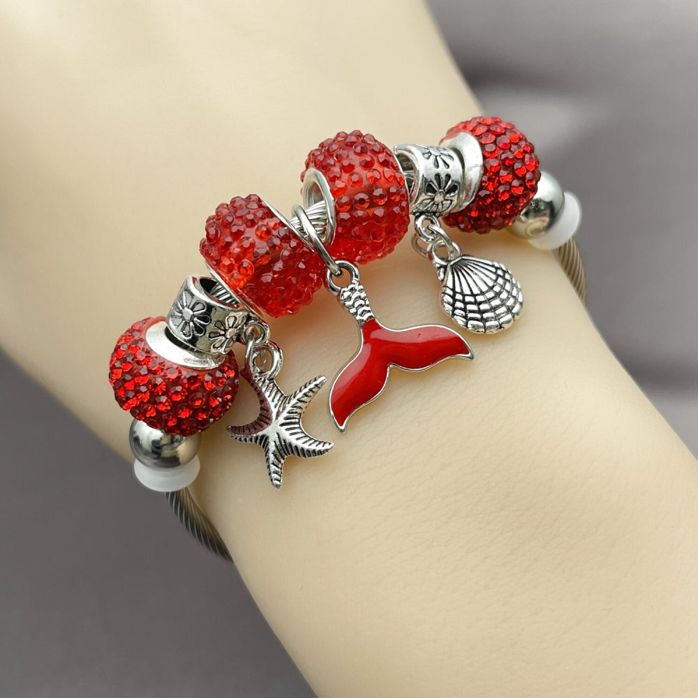 Stainless Steel Individual Bangle, Star and Shell Design, with Light Siam Crystal, Red Enamel Finish, Steel Finish