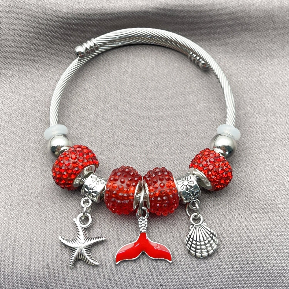 Stainless Steel Individual Bangle, Star and Shell Design, with Light Siam Crystal, Red Enamel Finish, Steel Finish