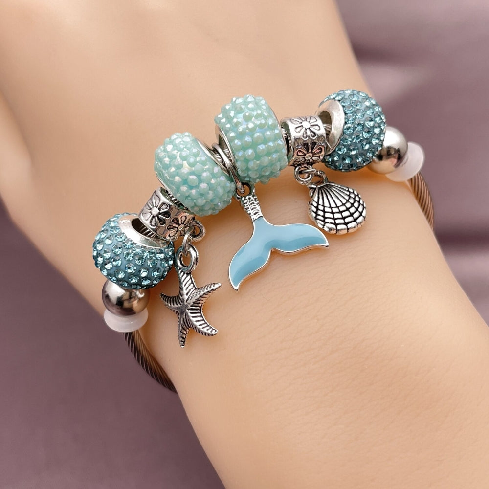 Stainless Steel Individual Bangle, Star and Shell Design, with Light Turquoise Crystal, Turquoise Enamel Finish, Steel Finish