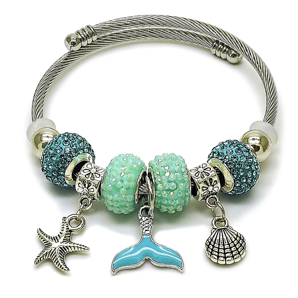 Stainless Steel Individual Bangle, Star and Shell Design, with Light Turquoise Crystal, Turquoise Enamel Finish, Steel Finish