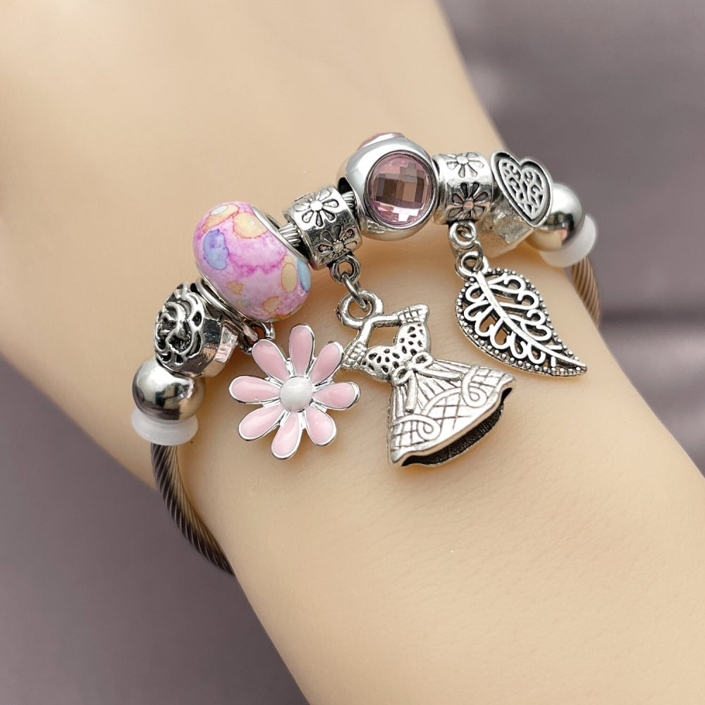 Stainless Steel Individual Bangle, Flower and Leaf Design, with Light Rose Crystal, Pink Enamel Finish, Rhodium Finish