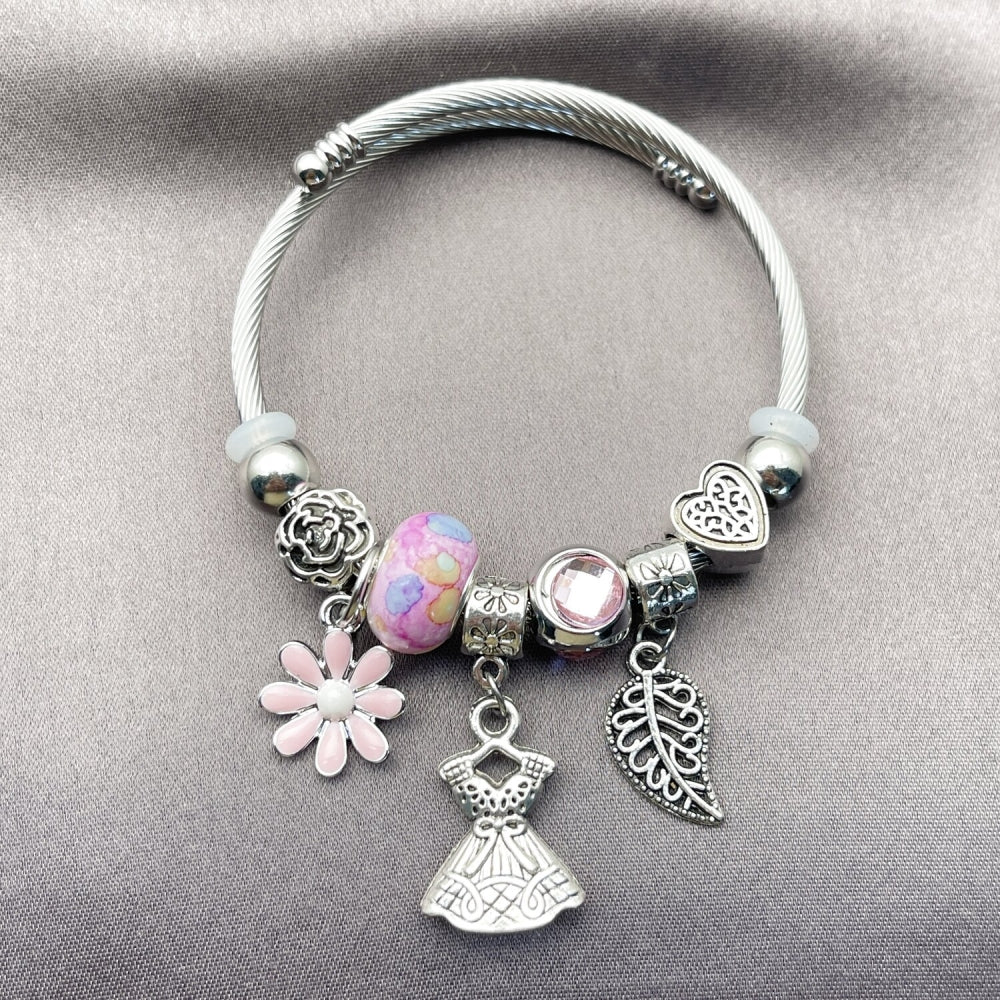 Stainless Steel Individual Bangle, Flower and Leaf Design, with Light Rose Crystal, Pink Enamel Finish, Rhodium Finish