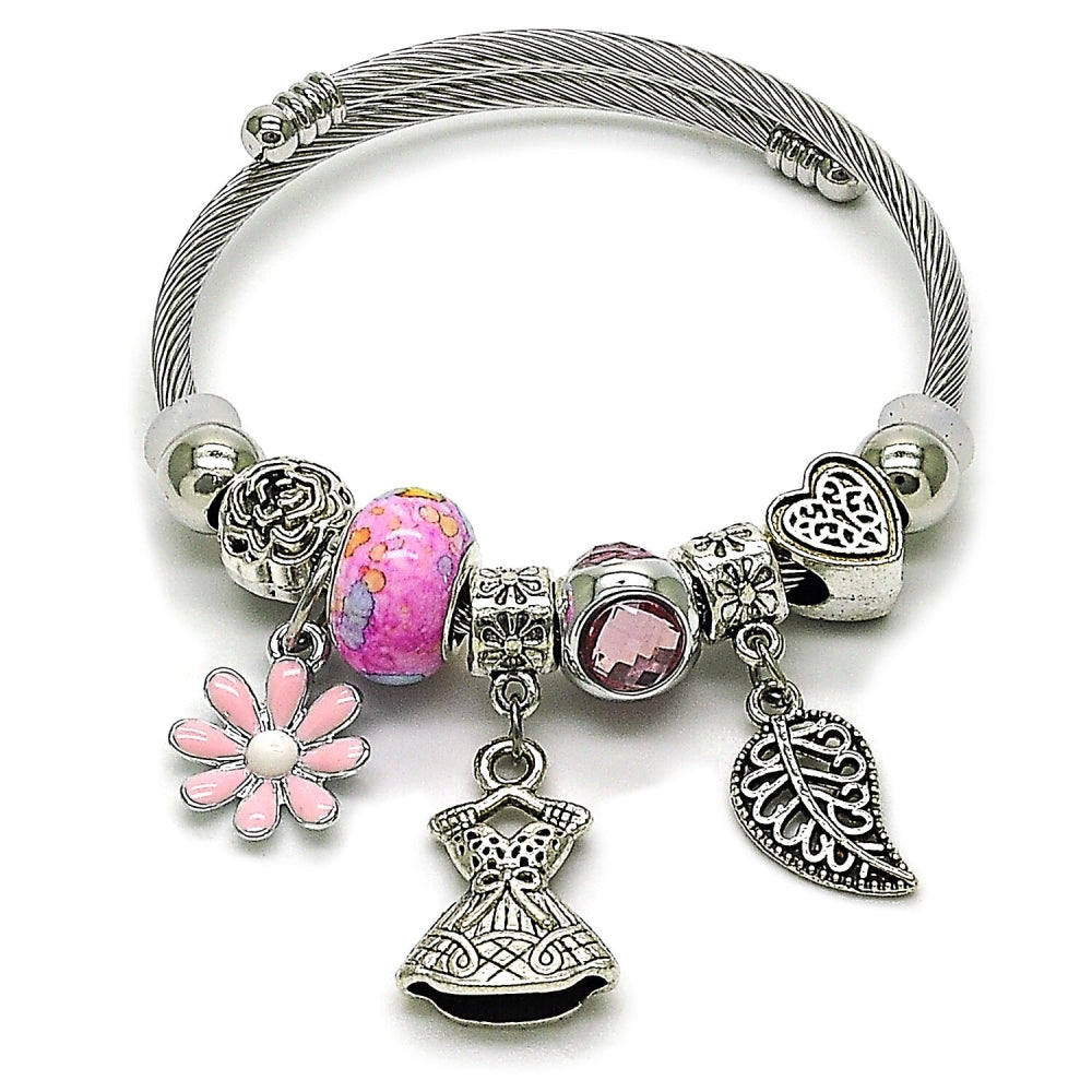 Stainless Steel Individual Bangle, Flower and Leaf Design, with Light Rose Crystal, Pink Enamel Finish, Rhodium Finish