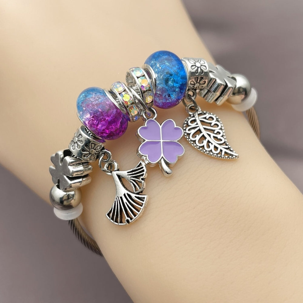 Stainless Steel Individual Bangle, Leaf and Four-leaf Clover Design, with Multicolor Crystal, Purple Enamel Finish, Rhodium Finish