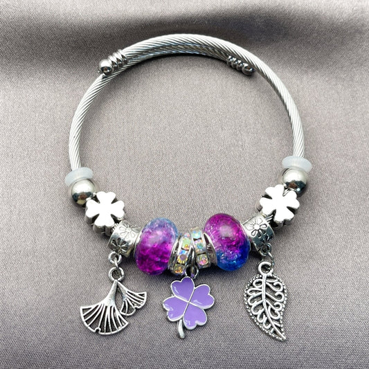 Stainless Steel Individual Bangle, Leaf and Four-leaf Clover Design, with Multicolor Crystal, Purple Enamel Finish, Rhodium Finish