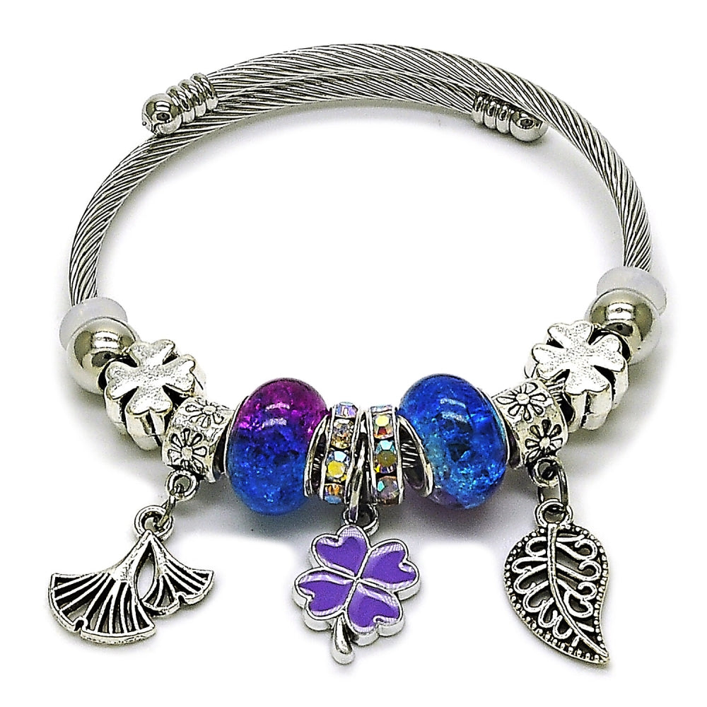 Stainless Steel Individual Bangle, Leaf and Four-leaf Clover Design, with Multicolor Crystal, Purple Enamel Finish, Rhodium Finish