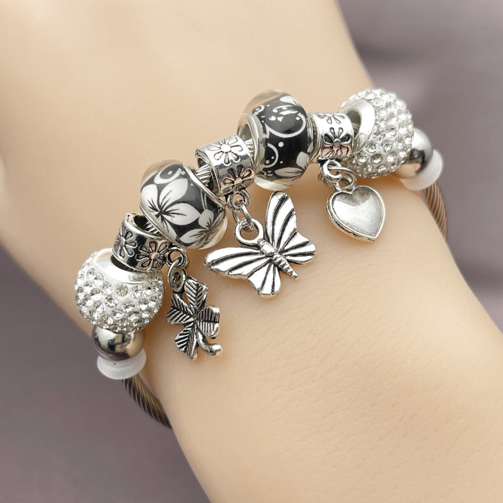 Stainless Steel Individual Bangle, Butterfly and Heart Design, with Crystal Crystal, Polished, Rhodium Finish