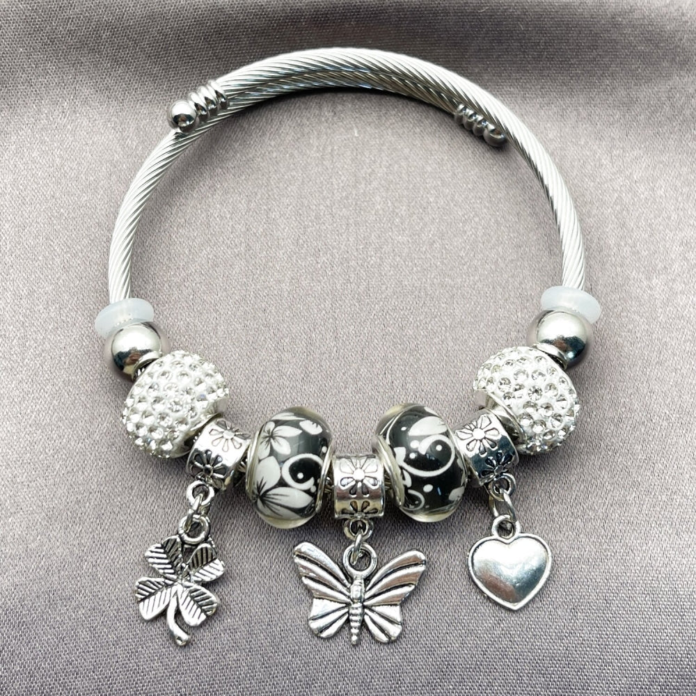 Stainless Steel Individual Bangle, Butterfly and Heart Design, with Crystal Crystal, Polished, Rhodium Finish