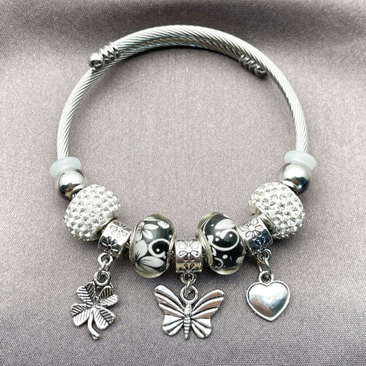 Stainless Steel Individual Bangle, Butterfly and Heart Design, with Crystal Crystal, Polished, Rhodium Finish