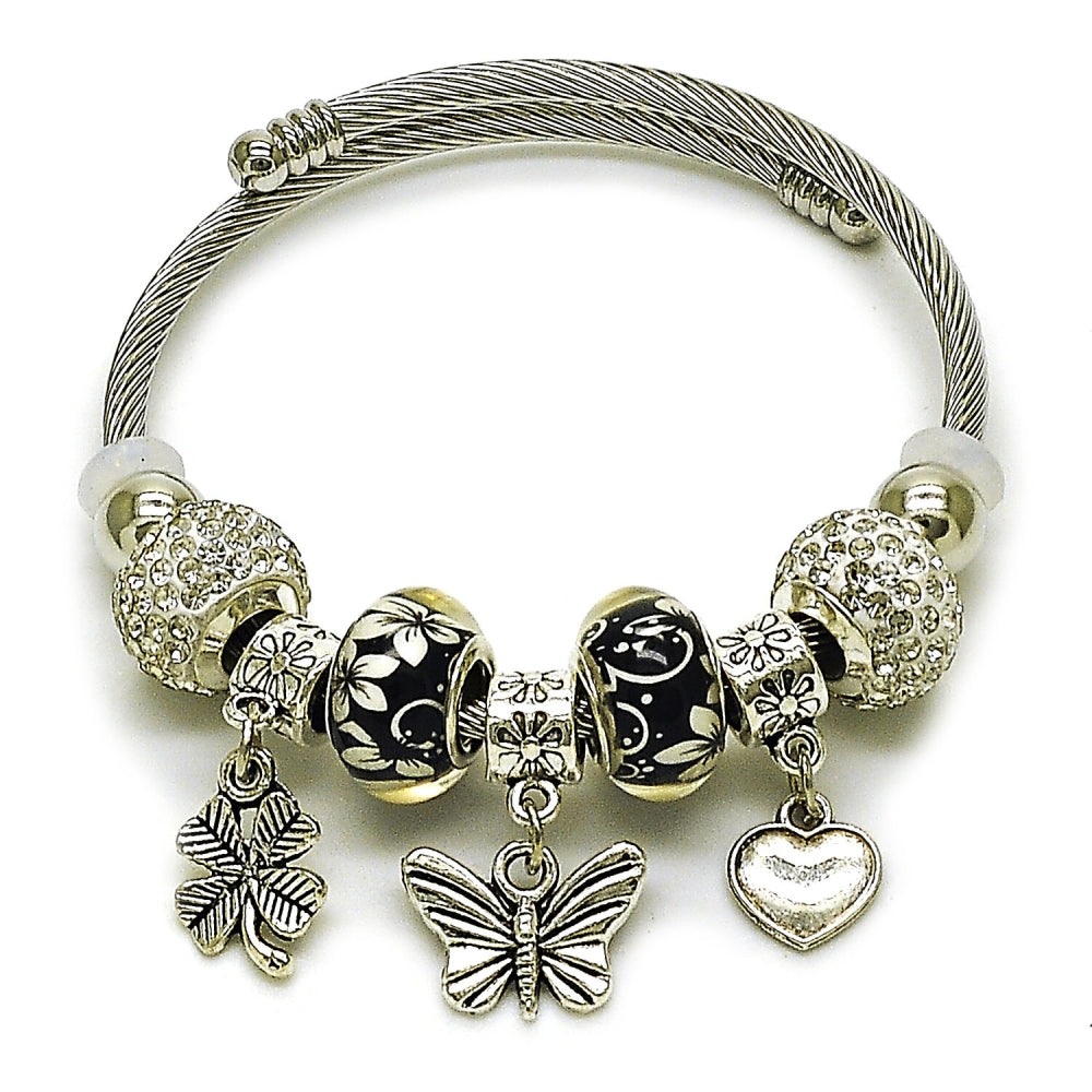 Stainless Steel Individual Bangle, Butterfly and Heart Design, with Crystal Crystal, Polished, Rhodium Finish